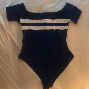 Blue off the shoulder body suit